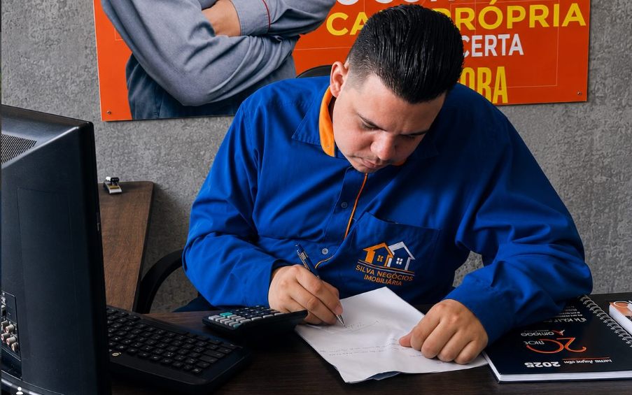 Juninho da Silva na mesa de trabalho da Silva Negócios Imobiliária