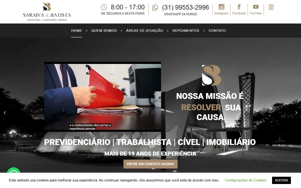 Site da Saraiva e Batista Advogados no ar, com as áreas de atuação
